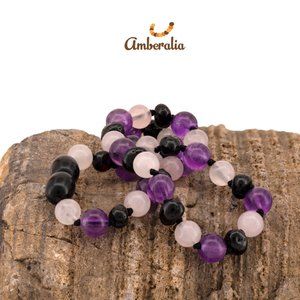 Amberalia Baltic Amber Baby Teething Necklace - Cherry /Quartz/ Amethyst